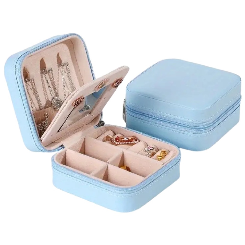 Light Blue Jewelry Box w/ Mirror Travel Case Earrings, Rings, Necklaces NEW